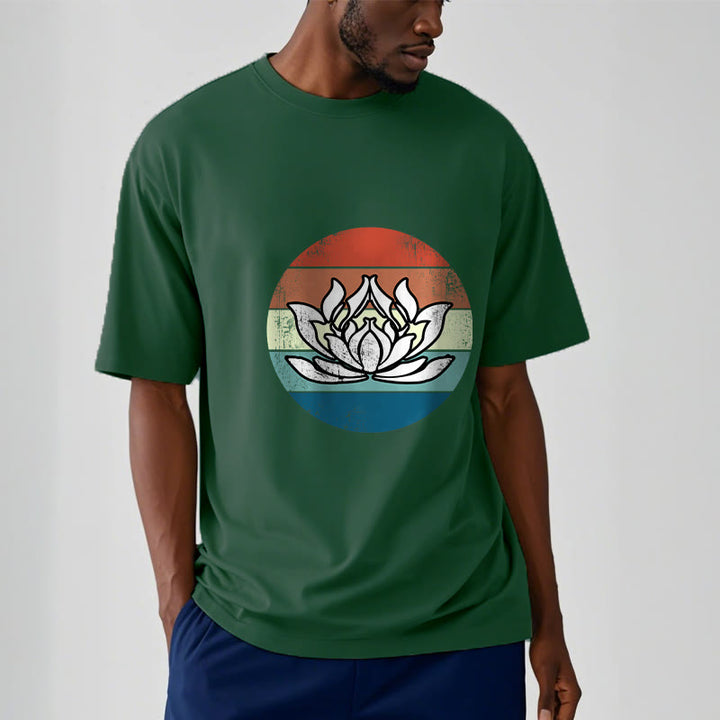 T-shirt en coton à rayures colorées avec Buddha Stones et lotus en fleurs - image 11