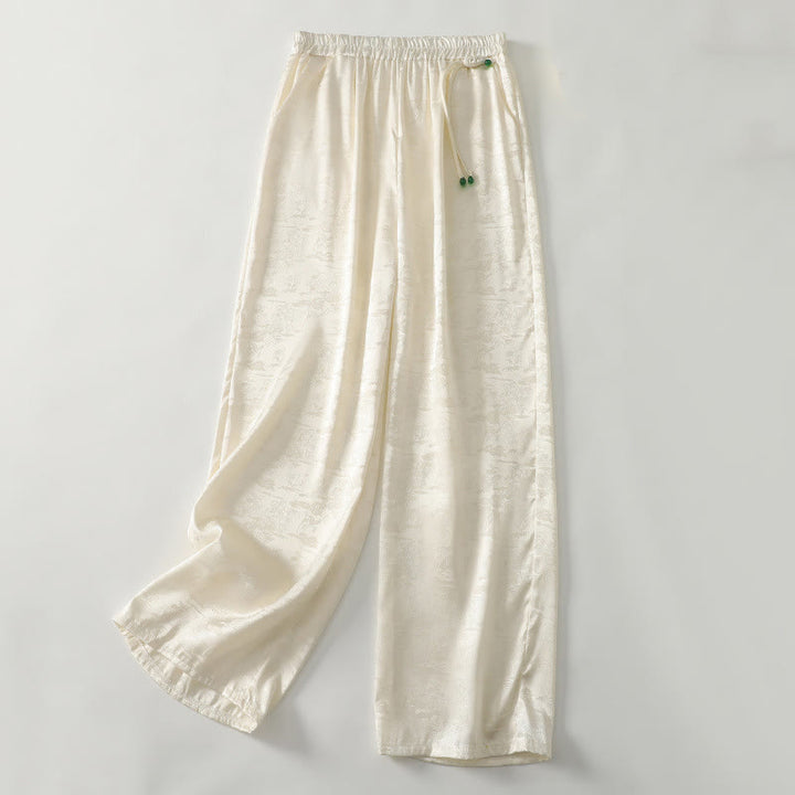 Pantalon large décontracté en coton et lin avec poches pour femme, style jacquard Buddha Stones , style printemps - Jaune clair - US8-10，UK/AU12-14，EU40-42 (2XL) - image 0