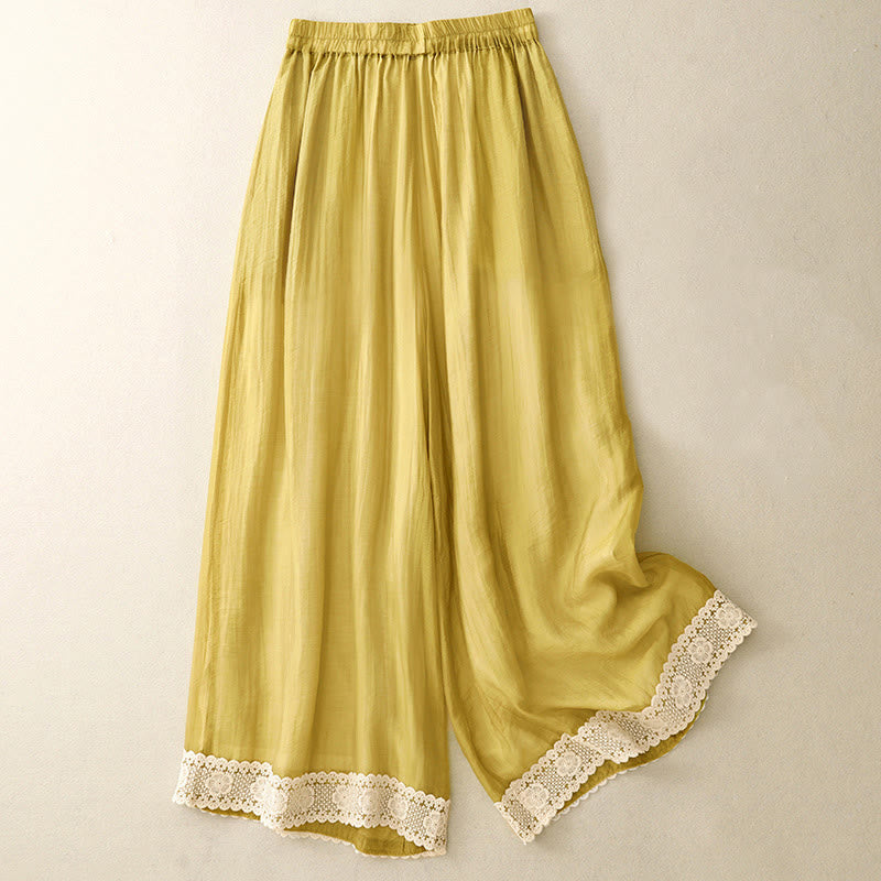 Pantalon large en coton et lin pour femme, style vintage, Buddha Stones , couleur unie, avec dentelle et patchwork, avec poches - Or - US8-10，UK/AU12-14，EU40-42 (2XL) - image 0