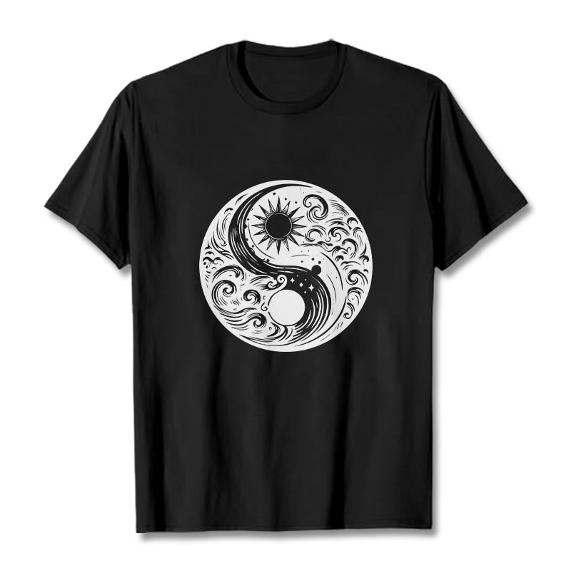 T-shirt en coton avec motif Buddha Stones, soleil, lune, vagues, Yin et Yang - Noir - 2XL - image 5