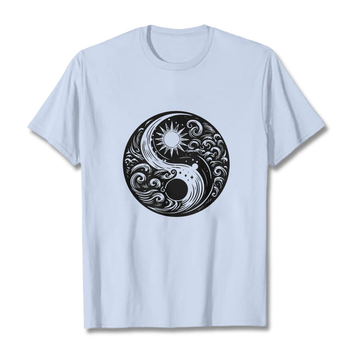 T-shirt en coton avec motif Buddha Stones, soleil, lune, vagues, Yin et Yang - Cyan clair - 2XL - image 19