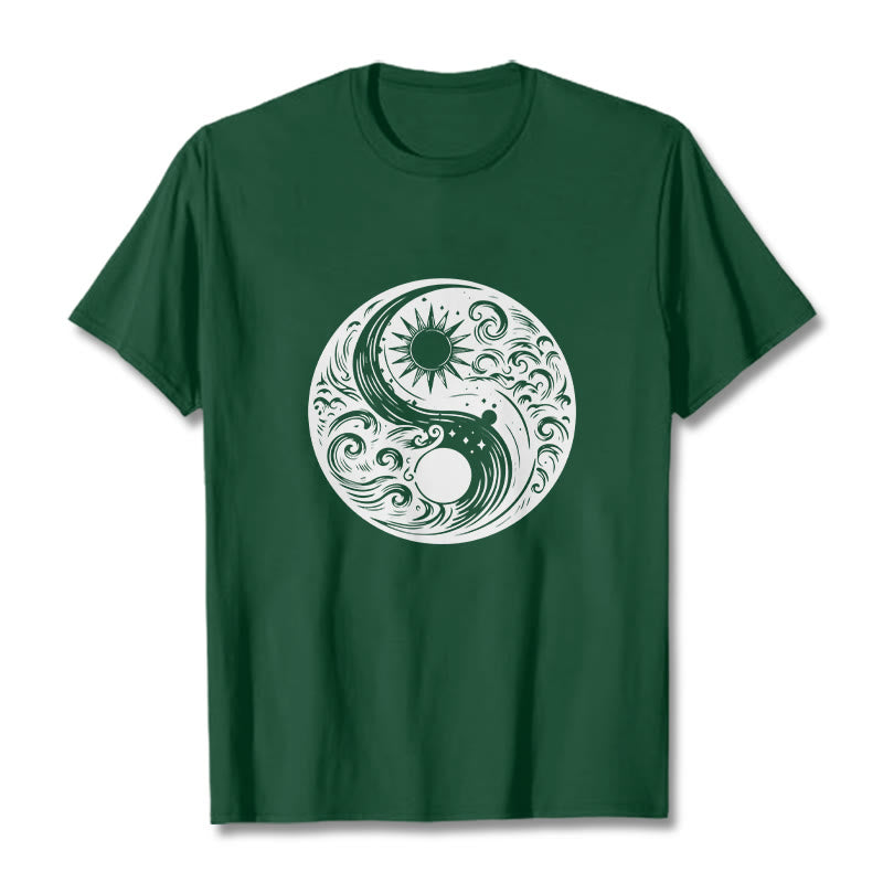 T-shirt en coton avec motif Buddha Stones, soleil, lune, vagues, Yin et Yang - Vert forêt - 2XL - image 10