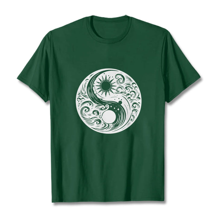T-shirt en coton avec motif Buddha Stones, soleil, lune, vagues, Yin et Yang - Vert forêt - 2XL - image 10