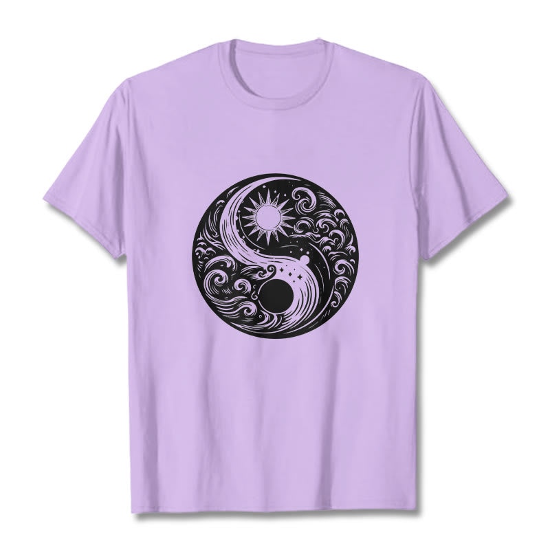T-shirt en coton avec motif Buddha Stones, soleil, lune, vagues, Yin et Yang - Prune - 2XL - image 17