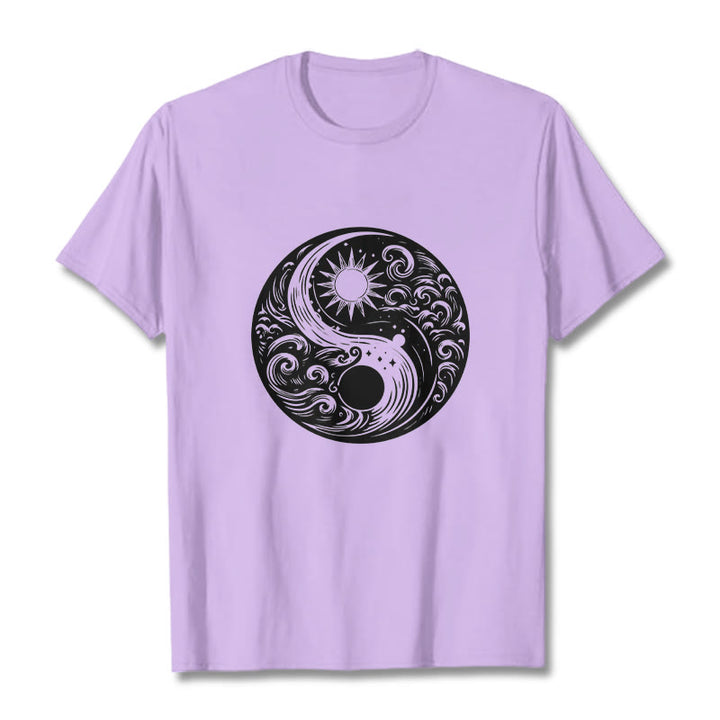T-shirt en coton avec motif Buddha Stones, soleil, lune, vagues, Yin et Yang - Prune - 2XL - image 17