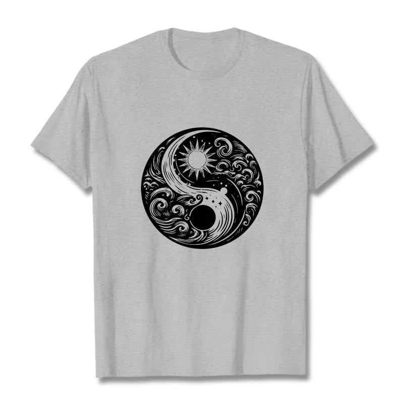 T-shirt en coton avec motif Buddha Stones, soleil, lune, vagues, Yin et Yang - Gris clair - 2XL - image 19