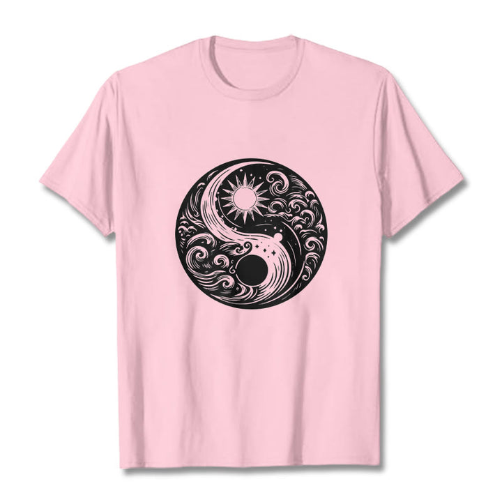 T-shirt en coton avec motif Buddha Stones, soleil, lune, vagues, Yin et Yang - Rose clair - 2XL - image 12