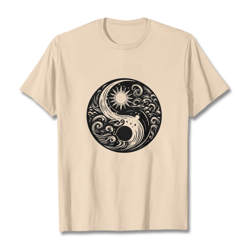 T-shirt en coton avec motif Buddha Stones, soleil, lune, vagues, Yin et Yang - Bisque - 2XL - image 9