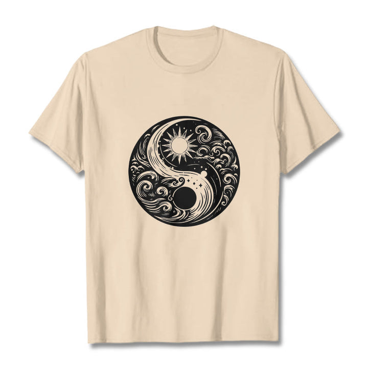 T-shirt en coton avec motif Buddha Stones, soleil, lune, vagues, Yin et Yang - Bisque - 2XL - image 9