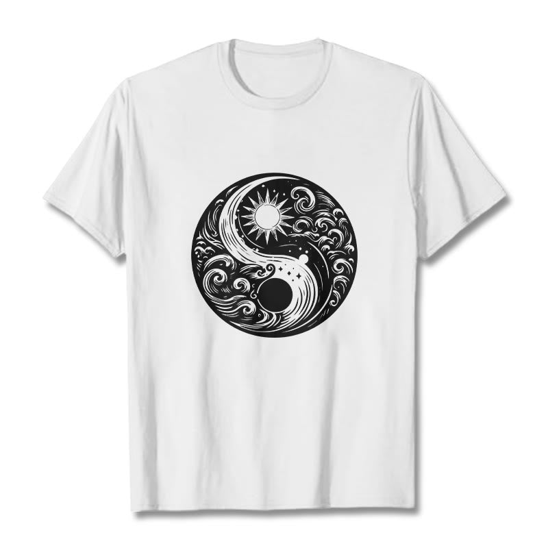 T-shirt en coton avec motif Buddha Stones, soleil, lune, vagues, Yin et Yang - Blanc - 2XL - image 1