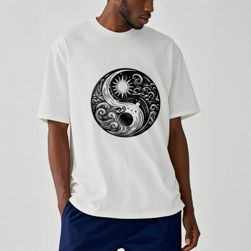 T-shirt en coton avec motif Buddha Stones, soleil, lune, vagues, Yin et Yang - image 3