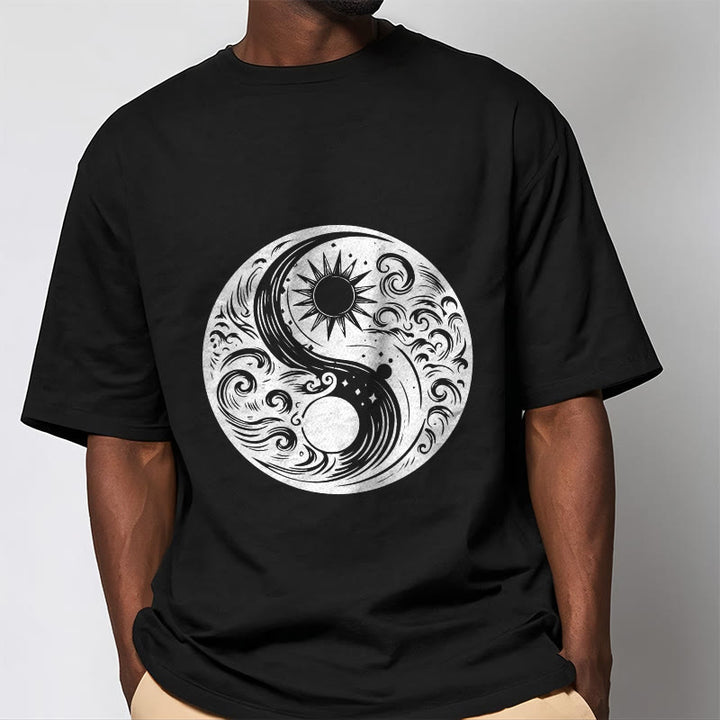T-shirt en coton avec motif Buddha Stones, soleil, lune, vagues, Yin et Yang - image 5