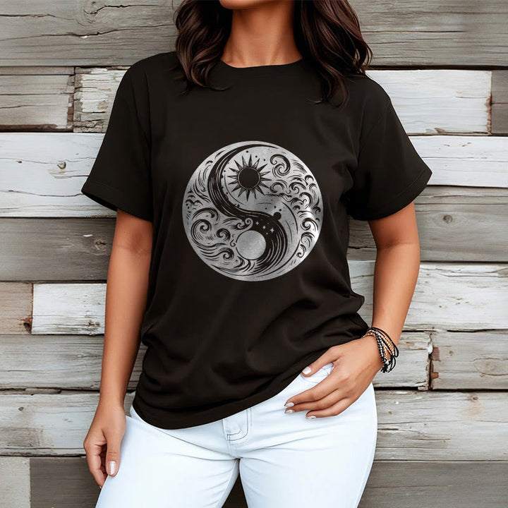 T-shirt en coton avec motif Buddha Stones, soleil, lune, vagues, Yin et Yang - image 6