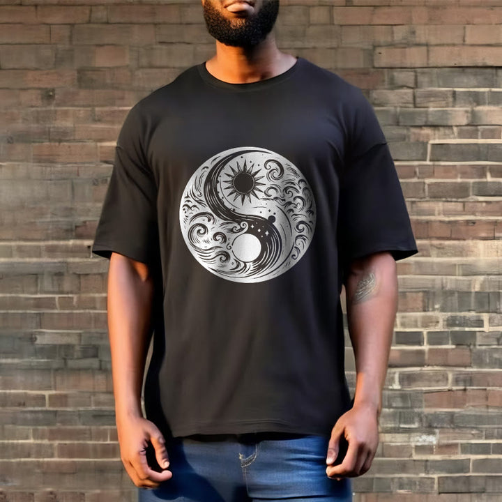 T-shirt en coton avec motif Buddha Stones, soleil, lune, vagues, Yin et Yang - image 8
