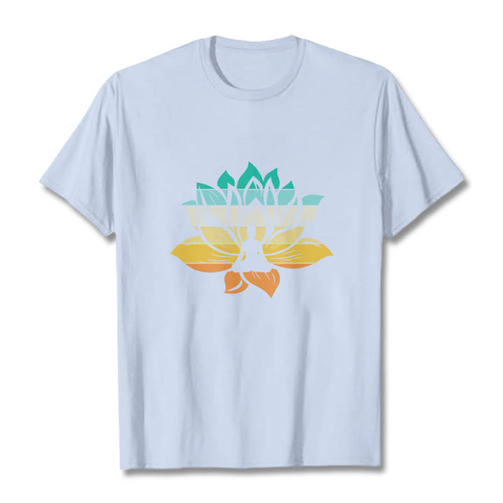 T-shirt en coton dégradé de couleurs avec Buddha Stones et fleur de lotus, méditation Bouddha - Cyan clair - 2XL - image 19