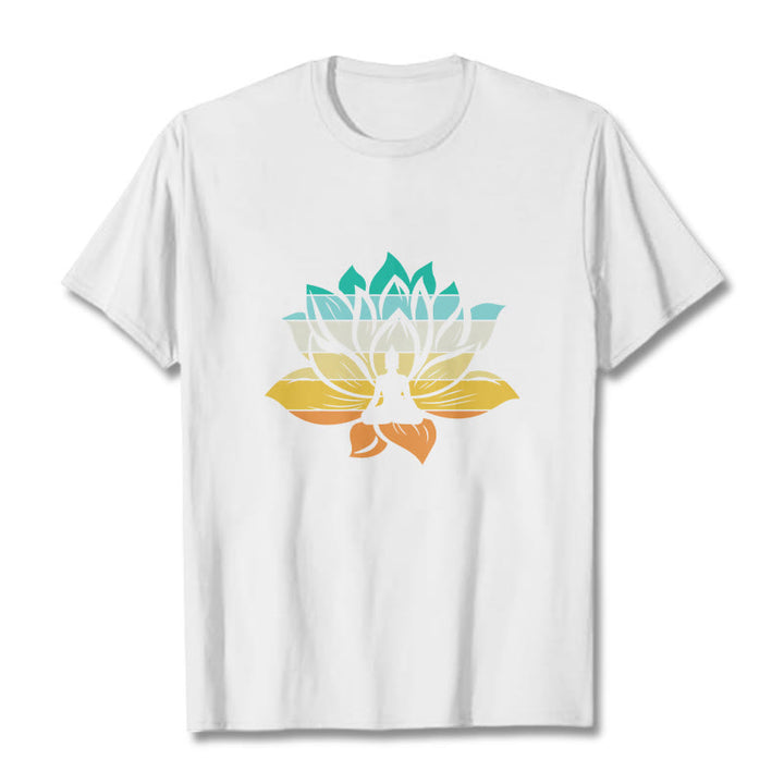 T-shirt en coton dégradé de couleurs avec Buddha Stones et fleur de lotus, méditation Bouddha - Blanc - 2XL - image 5