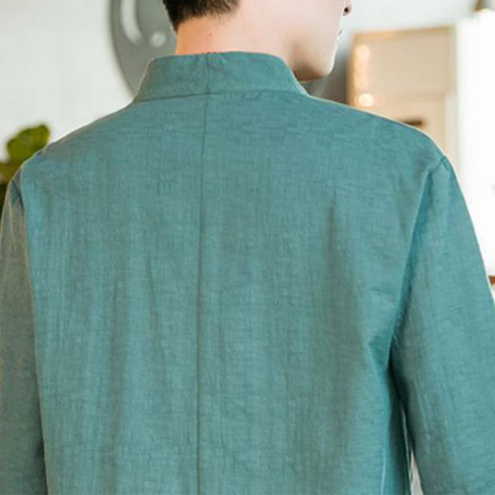 Chemise d'été vintage à manches trois-quarts en coton pour homme, motif Buddha Stones, couleur unie, avec boutons grenouille - image 7