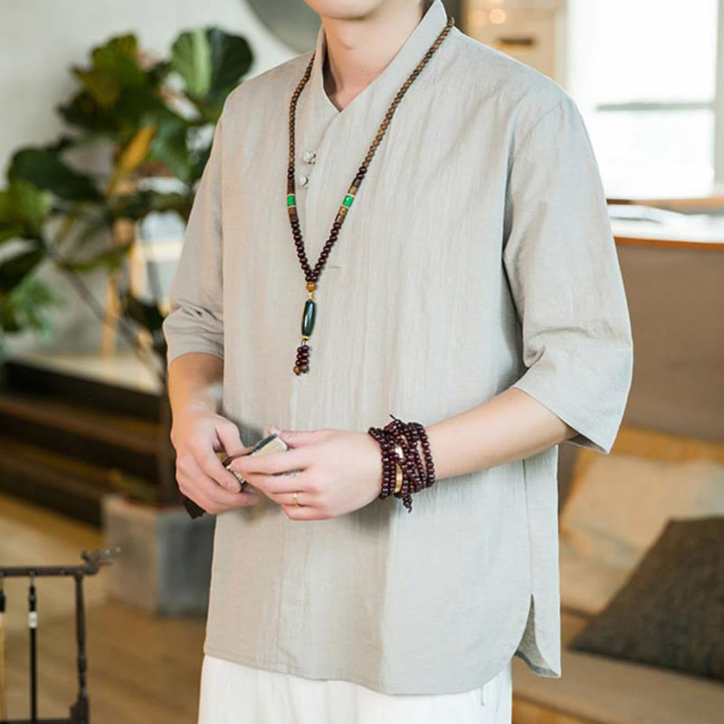 Chemise d'été vintage à manches trois-quarts en coton pour homme, motif Buddha Stones, couleur unie, avec boutons grenouille - image 10