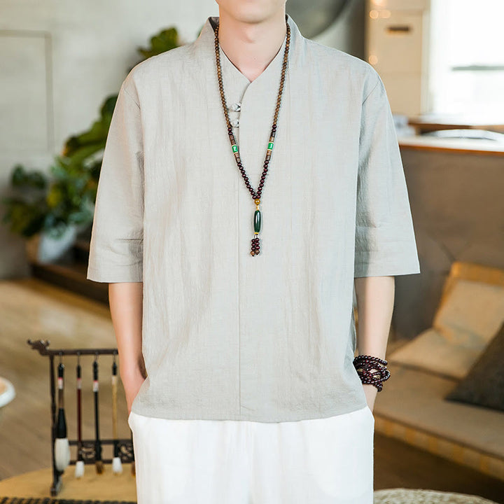Chemise d'été vintage à manches trois-quarts en coton pour homme, motif Buddha Stones, couleur unie, avec boutons grenouille - image 9