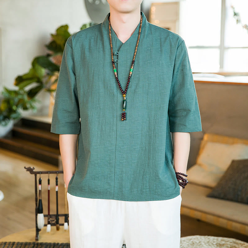 Chemise d'été vintage à manches trois-quarts en coton pour homme, motif Buddha Stones, couleur unie, avec boutons grenouille - image 1