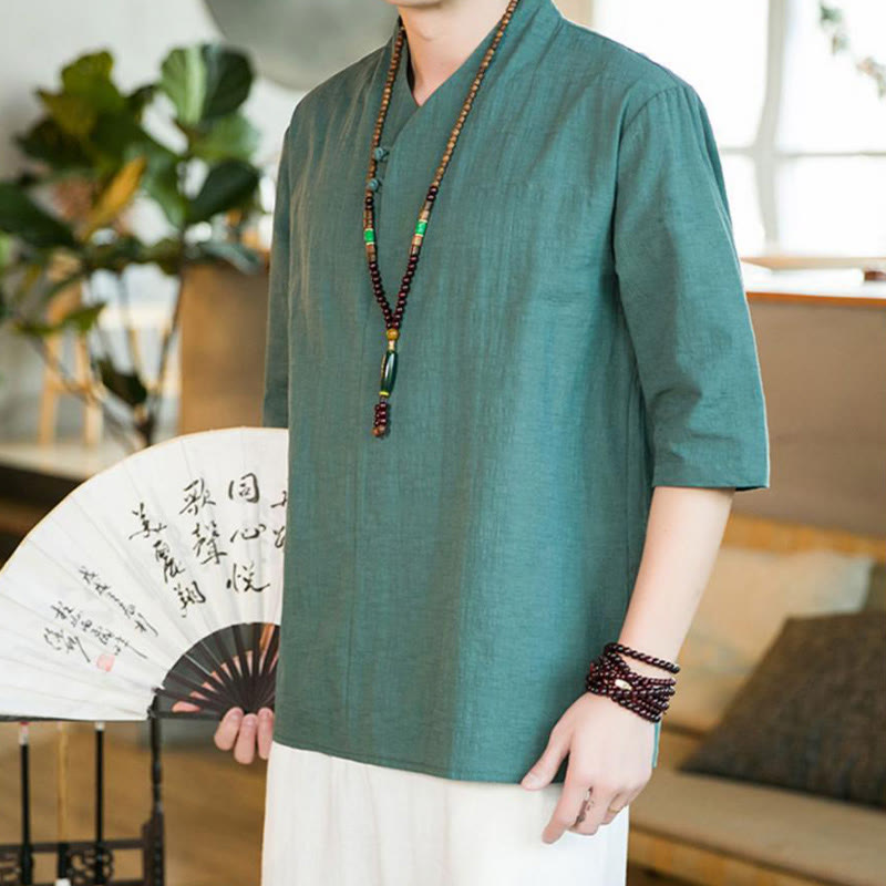 Chemise d'été vintage à manches trois-quarts en coton pour homme, motif Buddha Stones, couleur unie, avec boutons grenouille - Cyan foncé - US/UK/AU46，EU56 (5XL) - image 0