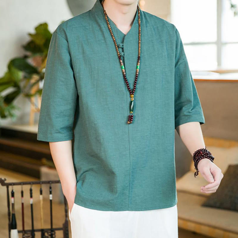 Chemise d'été vintage à manches trois-quarts en coton pour homme, motif Buddha Stones, couleur unie, avec boutons grenouille - image 4
