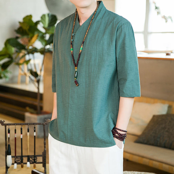 Chemise d'été vintage à manches trois-quarts en coton pour homme, motif Buddha Stones, couleur unie, avec boutons grenouille - image 2