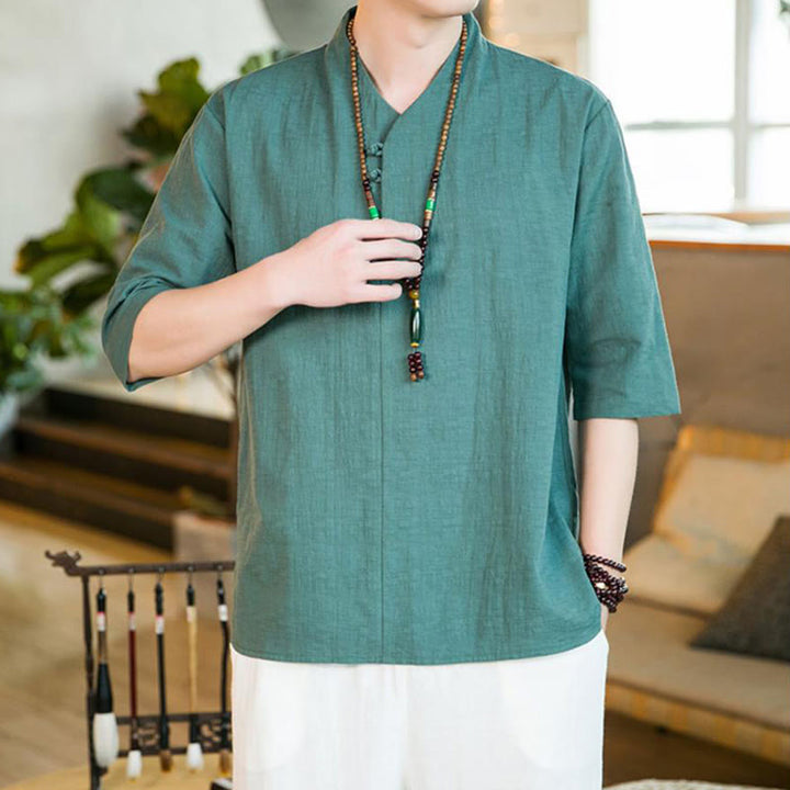 Chemise d'été vintage à manches trois-quarts en coton pour homme, motif Buddha Stones, couleur unie, avec boutons grenouille - image 3