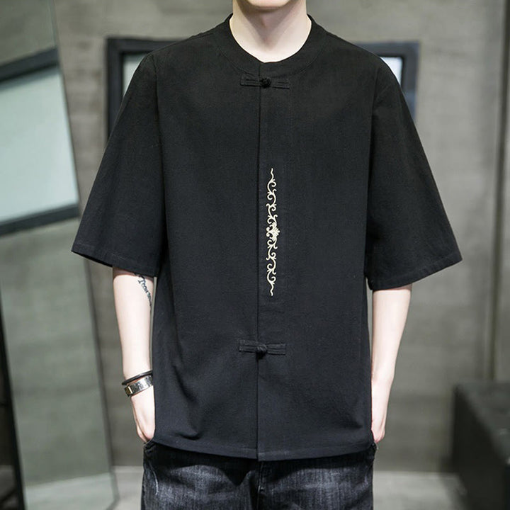 Chemise homme en coton et lin, couleur unie décontractée, à boutons brandebourg brodés, Buddha Stones - Noir - US/UK/AU46，EU56 (5XL) - image 17