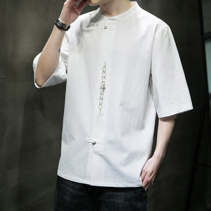 Cardigan décontracté en coton et lin pour homme, couleur unie, avec broderie de boutons grenouille et Buddha Stones - image 27