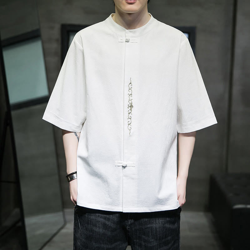 Chemise homme en coton et lin, couleur unie décontractée, à boutons brandebourg brodés, Buddha Stones - Blanc - US/UK/AU46，EU56 (5XL) - image 25