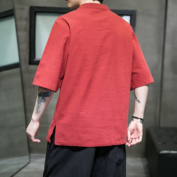 Cardigan décontracté en coton et lin pour homme, couleur unie, avec broderie de boutons grenouille et Buddha Stones - image 15