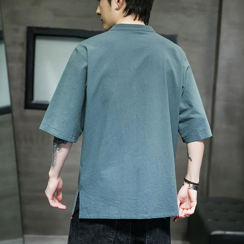 Cardigan décontracté en coton et lin pour homme, couleur unie, avec broderie de boutons grenouille et Buddha Stones - image 3