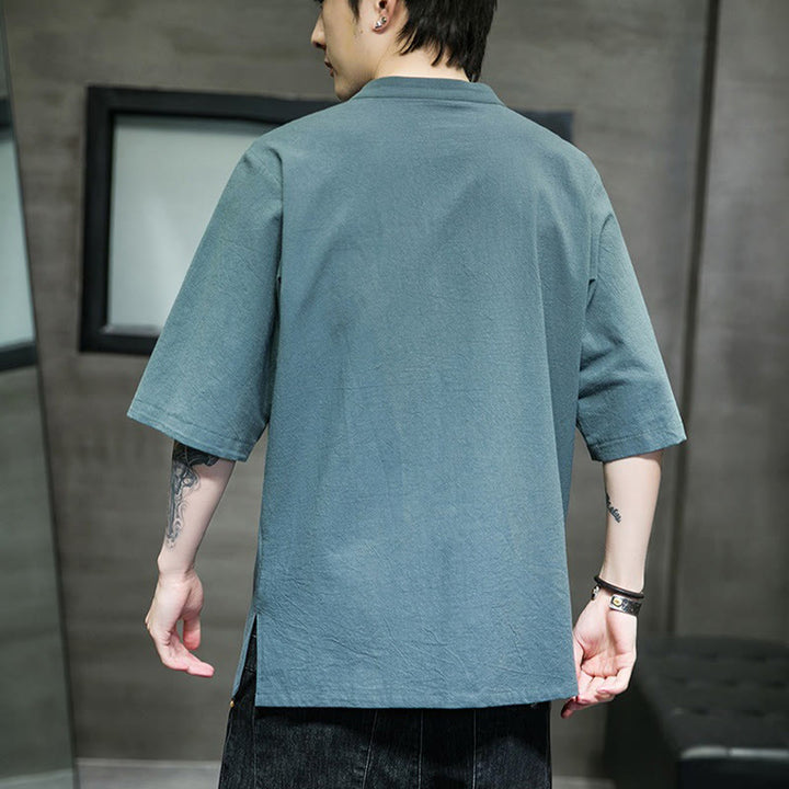 Cardigan décontracté en coton et lin pour homme, couleur unie, avec broderie de boutons grenouille et Buddha Stones - image 3