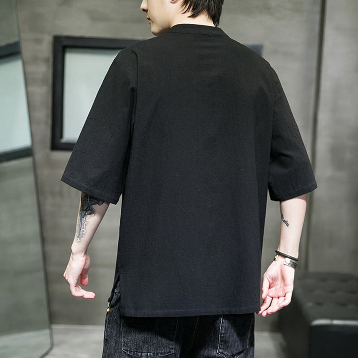 Cardigan décontracté en coton et lin pour homme, couleur unie, avec broderie de boutons grenouille et Buddha Stones - image 19