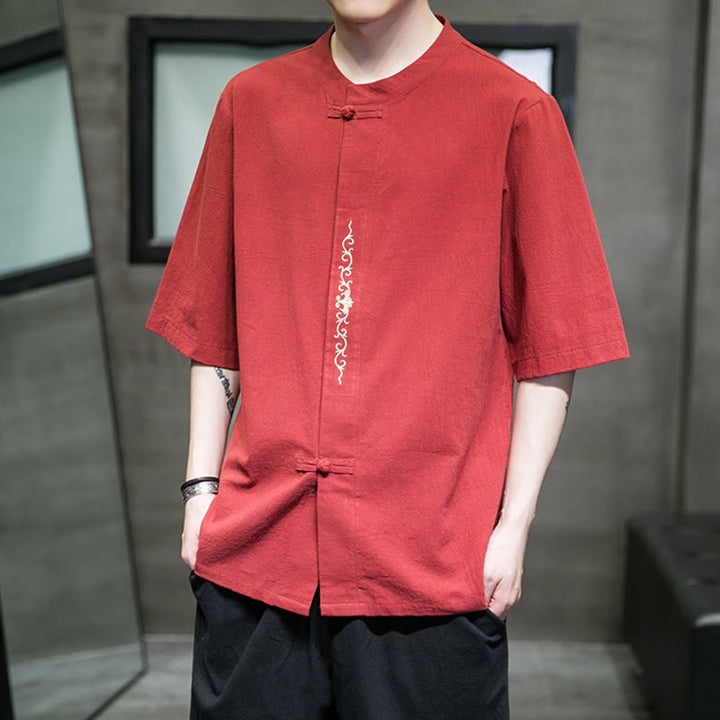 Cardigan décontracté en coton et lin pour homme, couleur unie, avec broderie de boutons grenouille et Buddha Stones - image 13