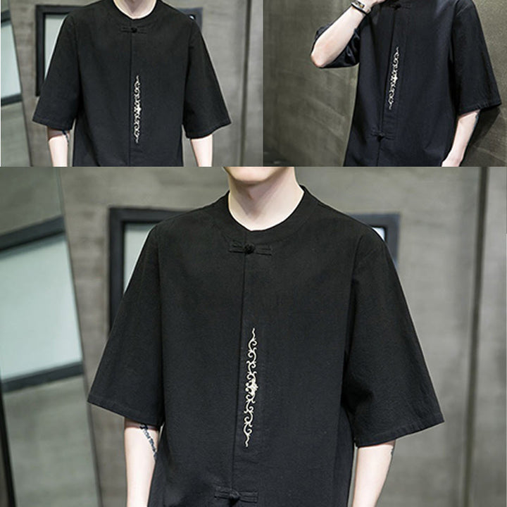 Cardigan décontracté en coton et lin pour homme, couleur unie, avec broderie de boutons grenouille et Buddha Stones - image 24