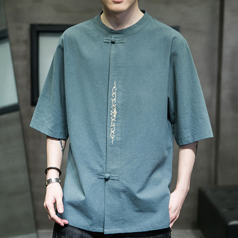Chemise homme en coton et lin, couleur unie décontractée, à boutons brandebourg brodés, Buddha Stones - image 7