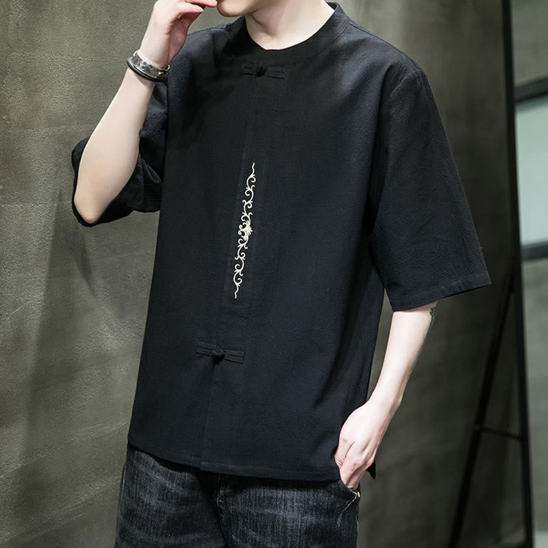 Cardigan décontracté en coton et lin pour homme, couleur unie, avec broderie de boutons grenouille et Buddha Stones - image 20