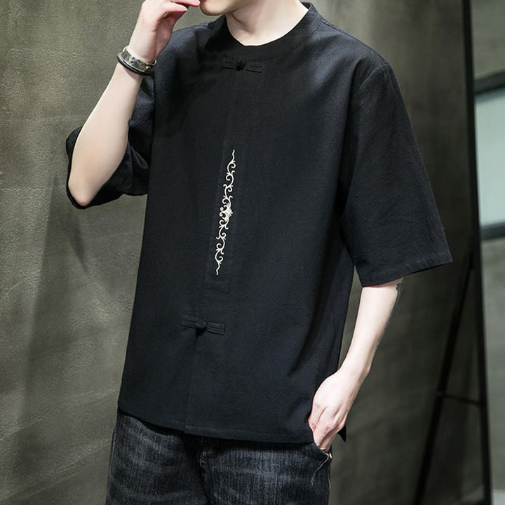 Cardigan décontracté en coton et lin pour homme, couleur unie, avec broderie de boutons grenouille et Buddha Stones - image 20