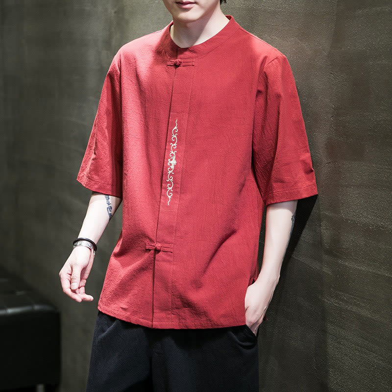 Chemise homme en coton et lin, couleur unie décontractée, à boutons brandebourg brodés, Buddha Stones - Rouge - US/UK/AU46，EU56 (5XL) - image 9