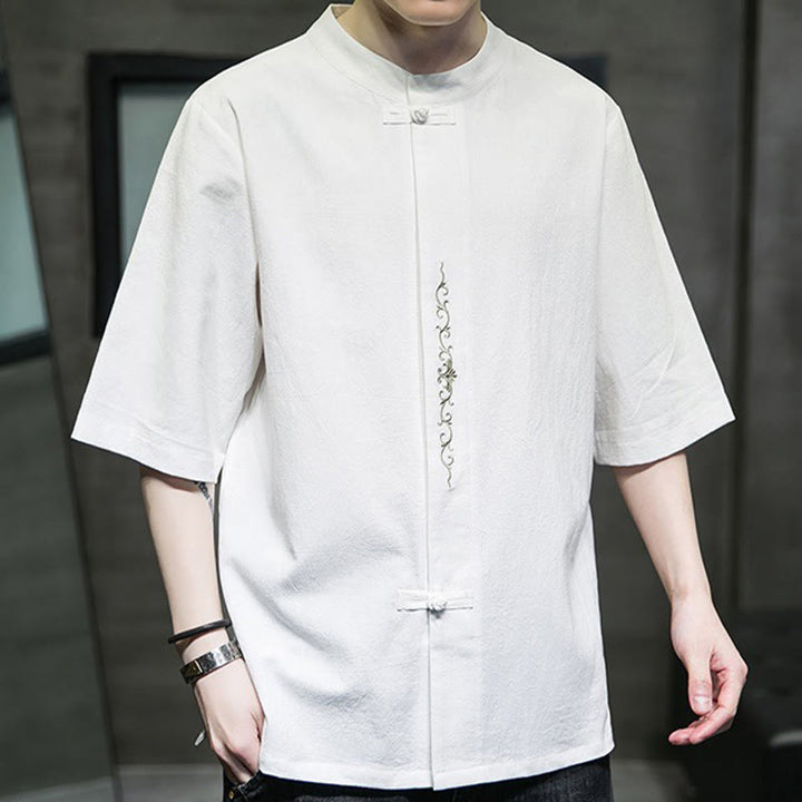 Cardigan décontracté en coton et lin pour homme, couleur unie, avec broderie de boutons grenouille et Buddha Stones - image 28