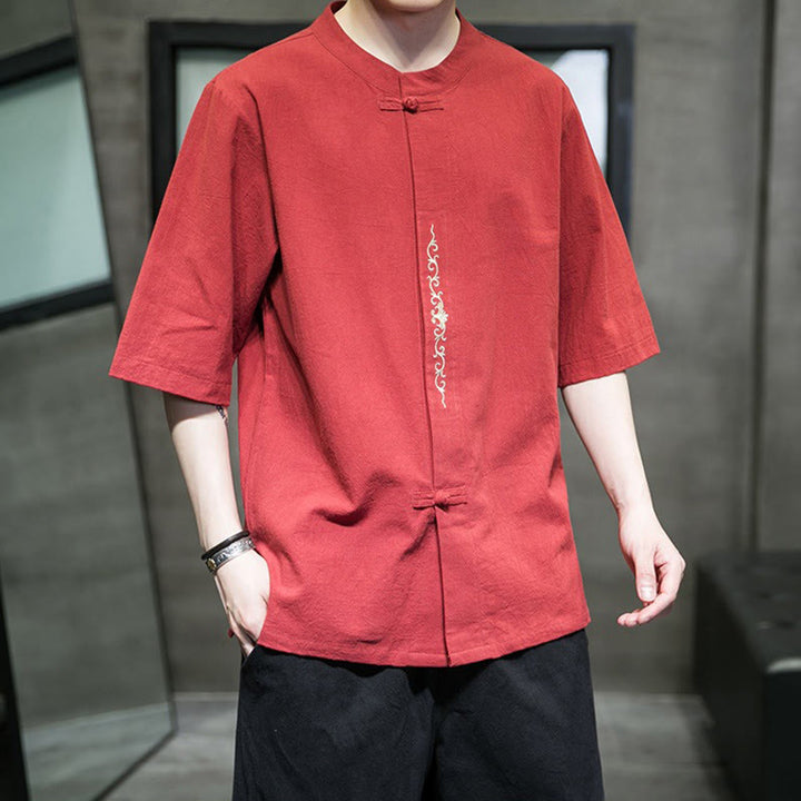 Cardigan décontracté en coton et lin pour homme, couleur unie, avec broderie de boutons grenouille et Buddha Stones - image 10