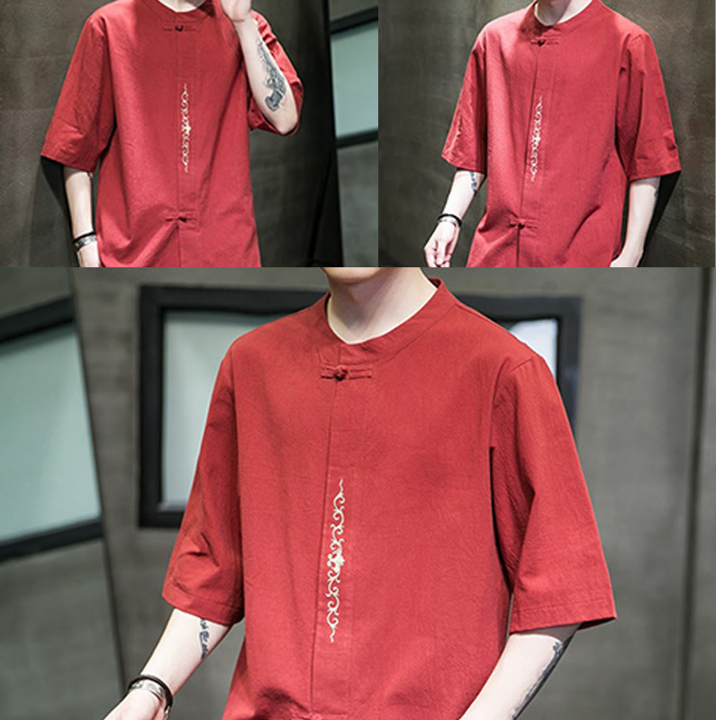 Chemise homme en coton et lin, couleur unie décontractée, à boutons brandebourg brodés, Buddha Stones - image 16