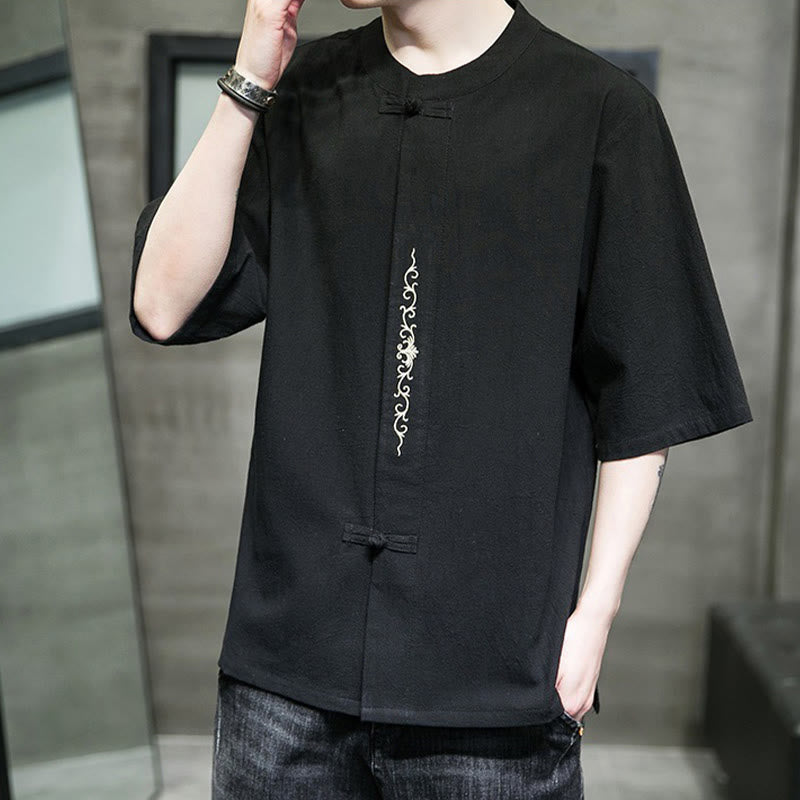 Cardigan décontracté en coton et lin pour homme, couleur unie, avec broderie de boutons grenouille et Buddha Stones - image 18