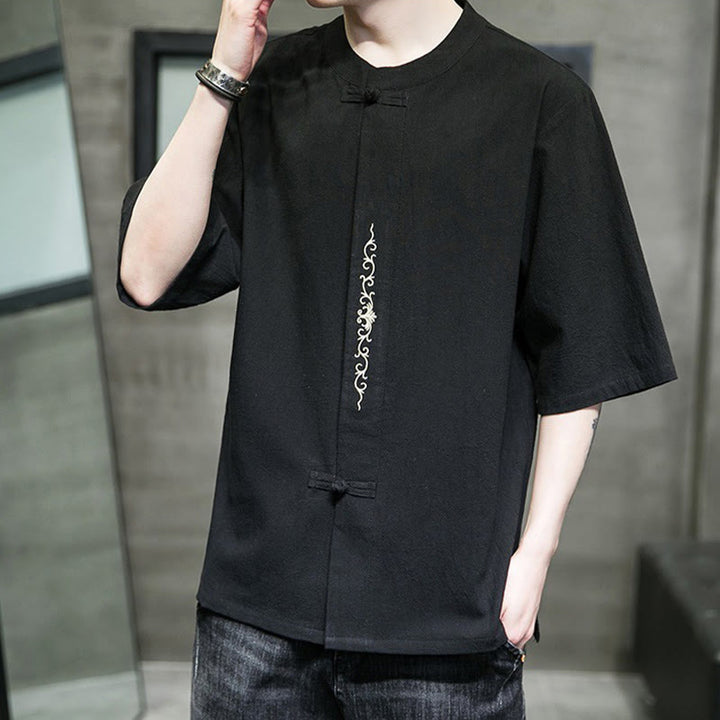 Cardigan décontracté en coton et lin pour homme, couleur unie, avec broderie de boutons grenouille et Buddha Stones - image 18