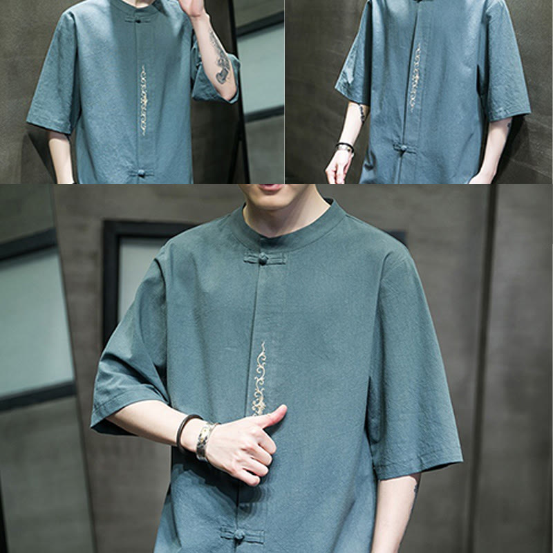 Chemise homme en coton et lin, couleur unie décontractée, à boutons brandebourg brodés, Buddha Stones - image 8