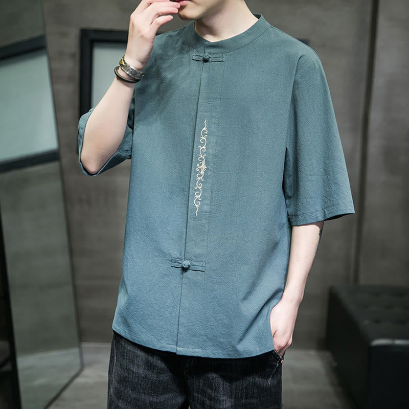 Cardigan décontracté en coton et lin pour homme, couleur unie, avec broderie de boutons grenouille et Buddha Stones - image 4