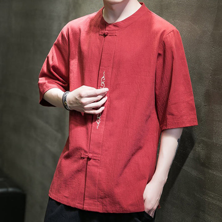 Cardigan décontracté en coton et lin pour homme, couleur unie, avec broderie de boutons grenouille et Buddha Stones - image 14