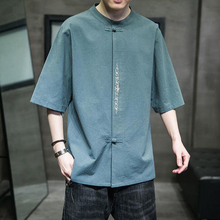 Chemise homme en coton et lin, couleur unie décontractée, à boutons brandebourg brodés, Buddha Stones - CadetBlue - US/UK/AU46，EU56 (5XL) - image 0